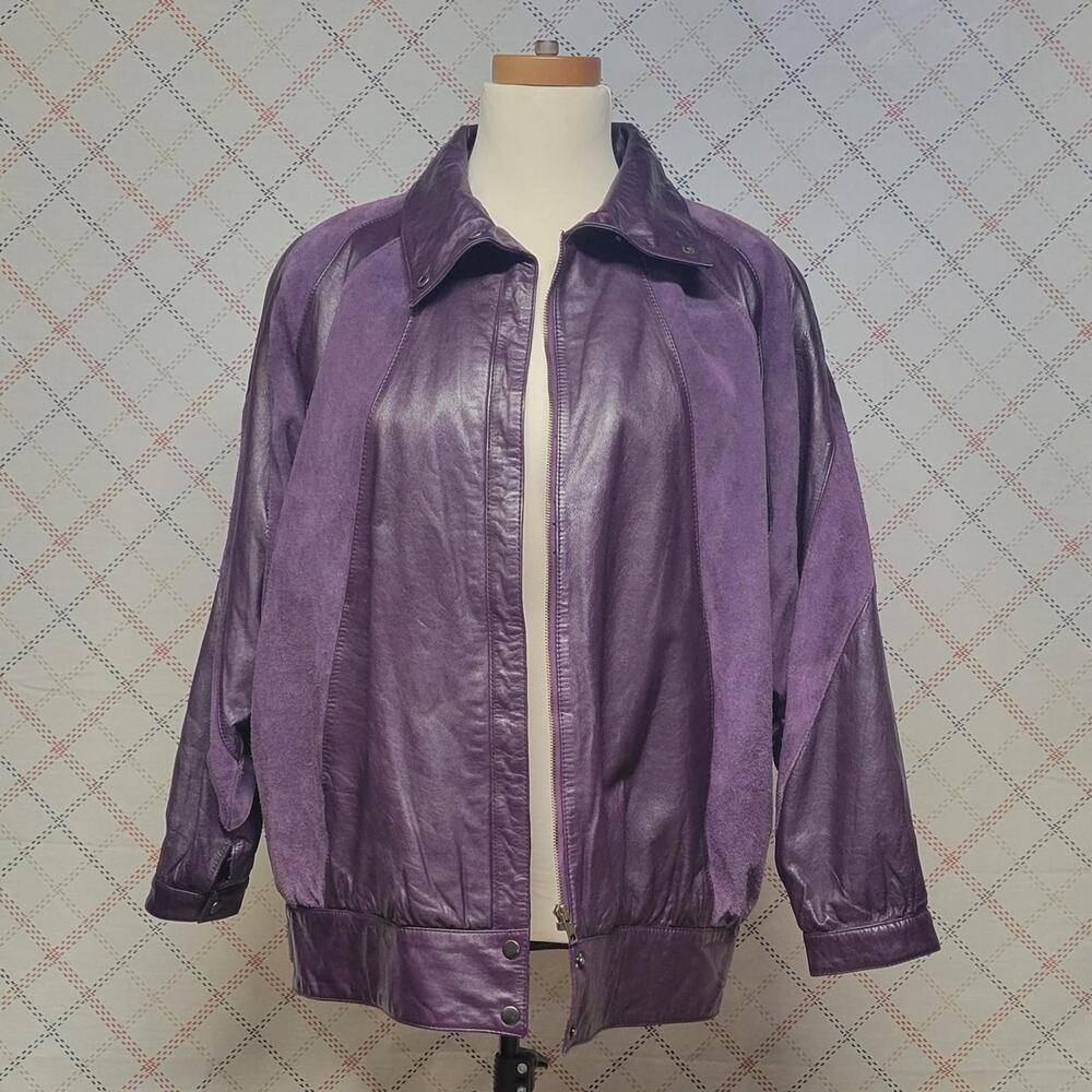 Lyndsey Blake 1980's Vintage Purple Leather and Suede Bomber Jacket